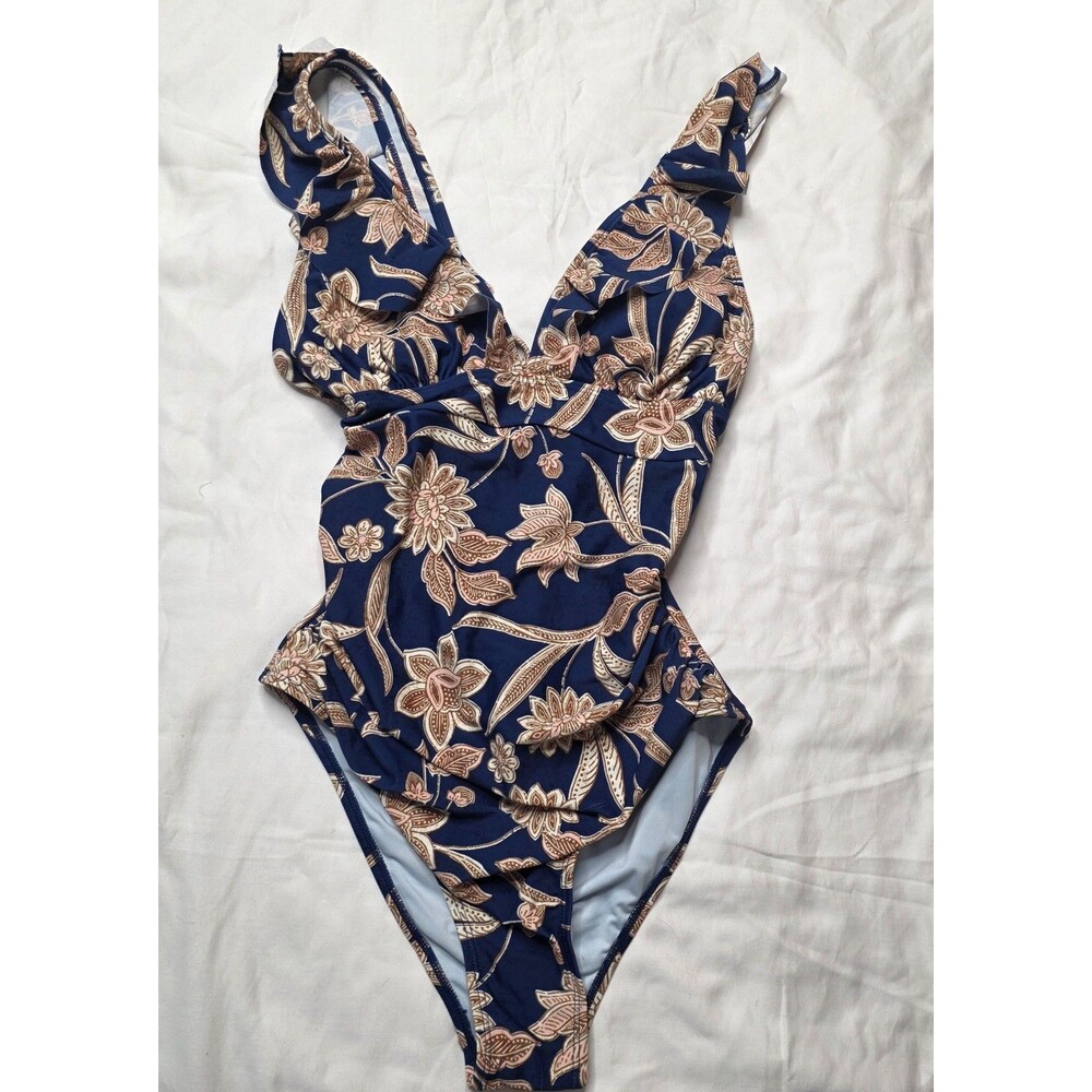 NWT Cupshe Floral Ruffle One Piece Swimsuit Size Medium Navy Gold Tie Back